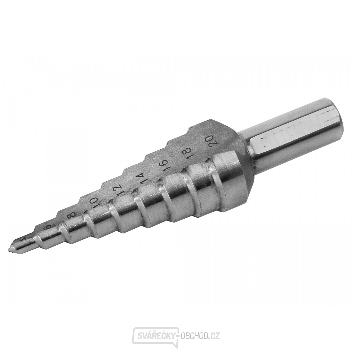 Vrták stupňovitý, ∅ 4-12mm, stupňování po 1mm, 9 otvorů, stopka O 6mm, délka 65mm, HSS
