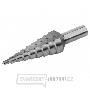 Vrták stupňovitý, ∅ 4-12mm, stupňování po 1mm, 9 otvorů, stopka O 6mm, délka 65mm, HSS