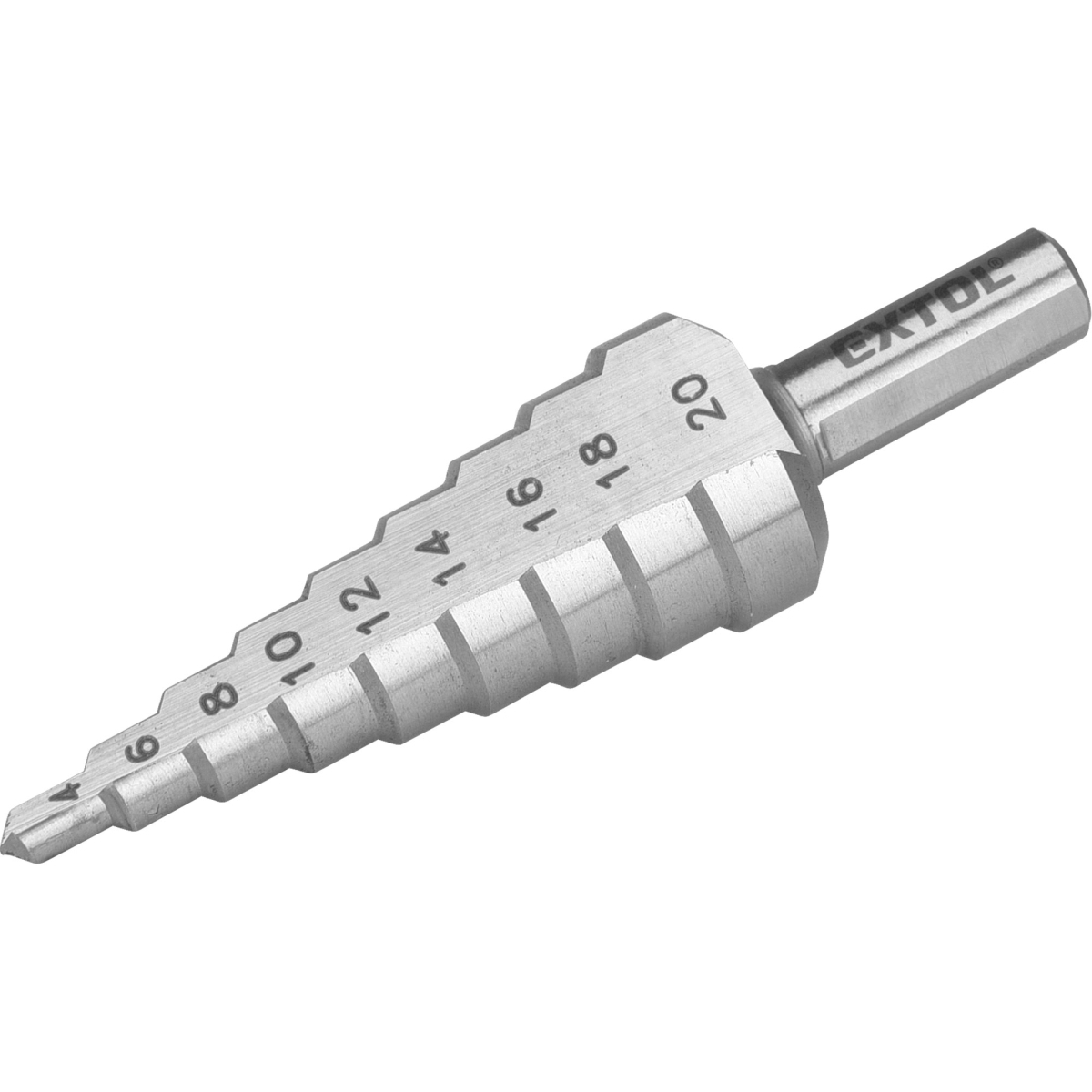 Levně Vrták stupňovitý,∅ 4-20mm, stupňování po 2mm, 9 otvorů, stopka O 8mm, délka 75mm, HSS 8801162