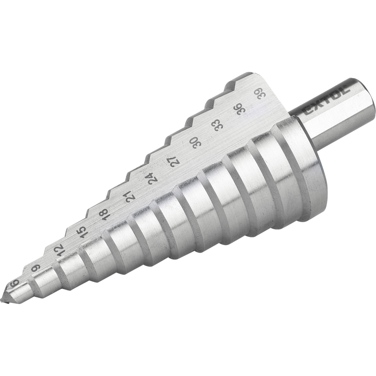 Vrták stupňovitý, ∅ 6-39mm, stupňování po 3mm, 12 otvorů, stopka ∅ 12mm, délka 101mm, HSS 8801166