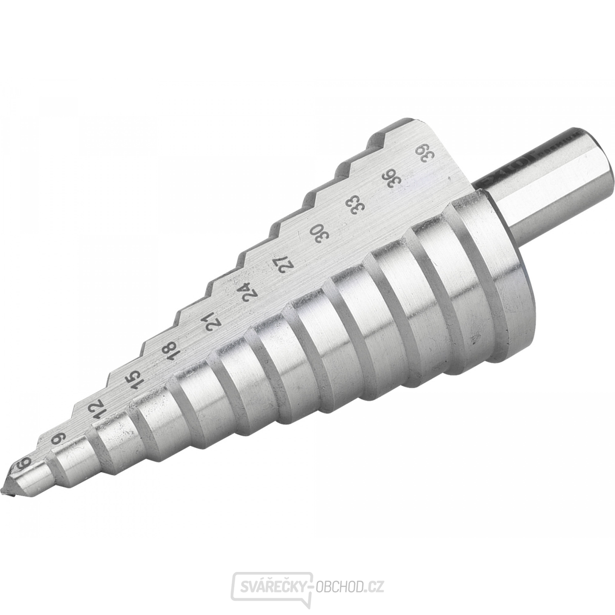 Vrták stupňovitý, ∅ 6-39mm, stupňování po 3mm, 12 otvorů, stopka ∅ 12mm, délka 101mm, HSS