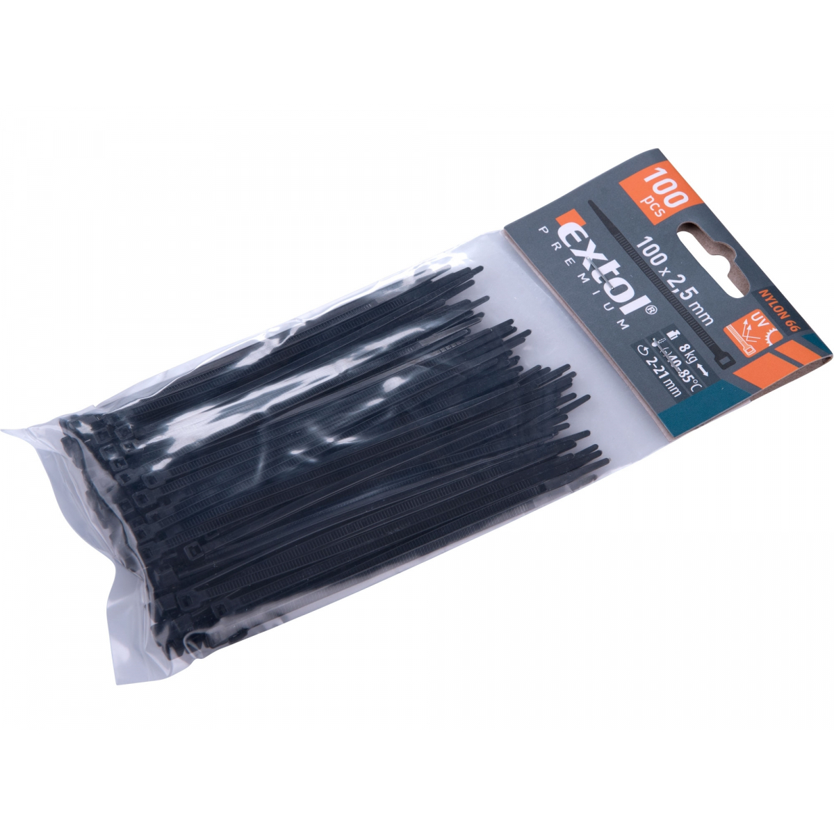 EXTOL PREMIUM Pásky stahovací na kabely černé, 100x2,5mm,nylon PA66 - 100ks