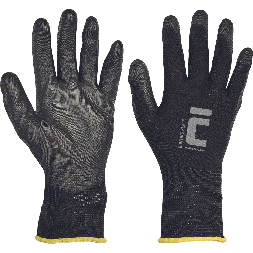 ČERVA EXPORT IMPORT a.s. Pracovní rukavice Bunting black, polyuretan na dlani a prstech - vel. 7