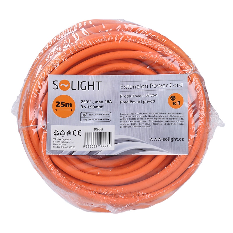 Levně Solight prodlužovací přívod - spojka, 1 zásuvka, 25m, 3 x 1,5mm2, oranžová PS09