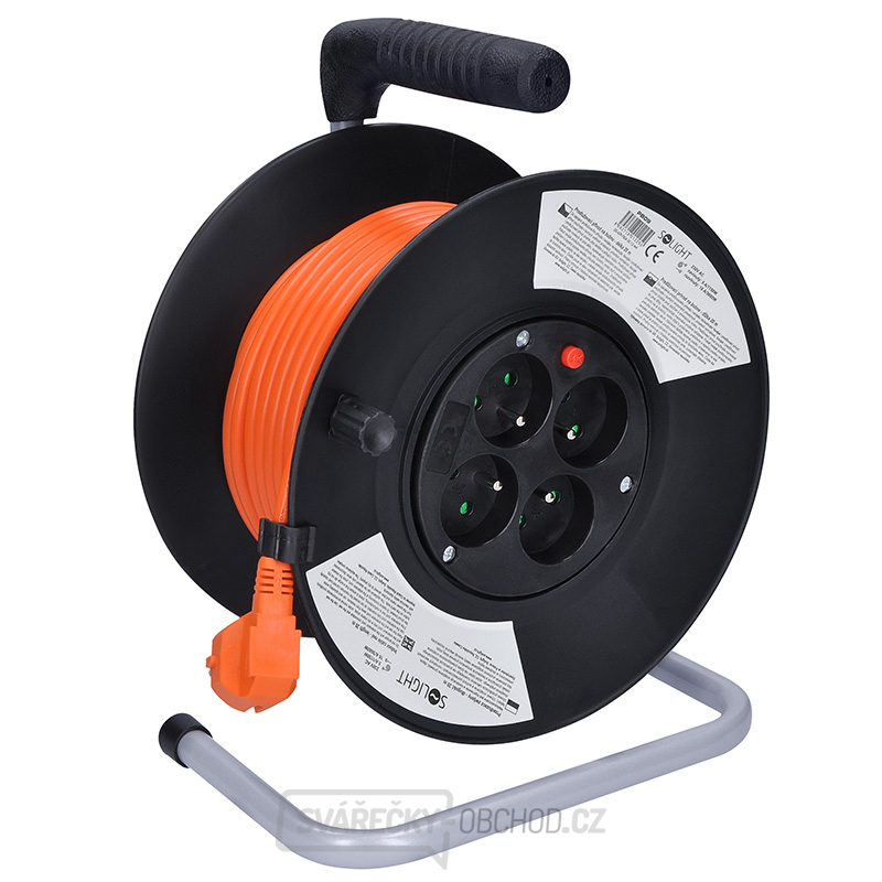 Solight prodlužovací kabel na bubnu, 4 zásuvky, oranžový kabel, černý buben, 20m
