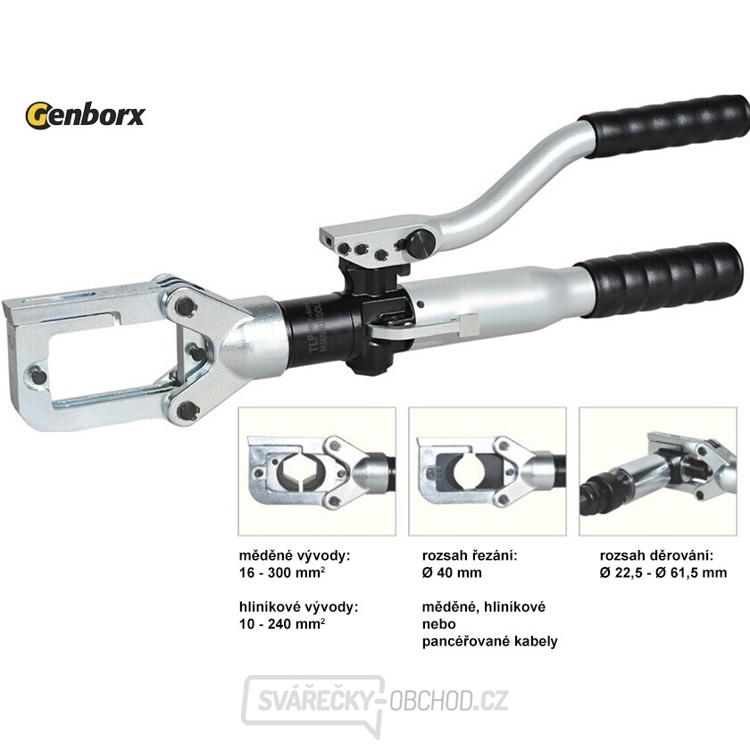 Víceúčelové krimpovací, řezací a děrovací hydraulické pákové kleště Genborx