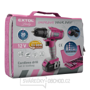 Aku vrtací šroubovák EXTOL růžový, 12V Li-ion, 1300mAh - sada v tašce náhled