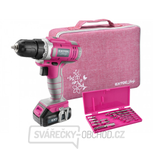 Aku vrtací šroubovák EXTOL růžový, 12V Li-ion, 1300mAh - sada v tašce Aku vrtací šroubovák EXTOL růžový, 12V Li-ion, 1300mAh - sada v tašce gallery main image
