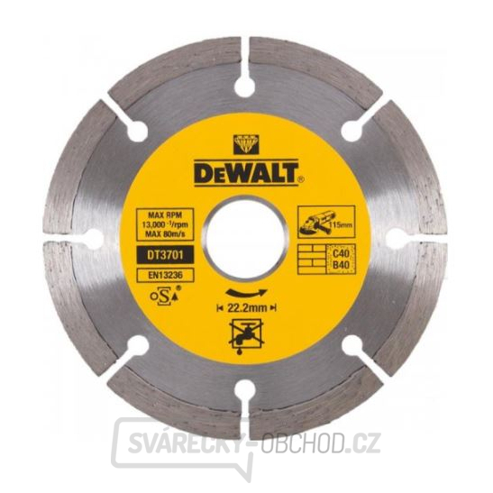DT3701 Diamantový kotouč ze slinutých karbidů 115x22,2 mm na suché řezání betonu a cihel DeWALT  DT3701 Diamantový kotouč ze slinutých karbidů 115x22,2 mm na suché řezání betonu a cihel DeWALT  gallery main image