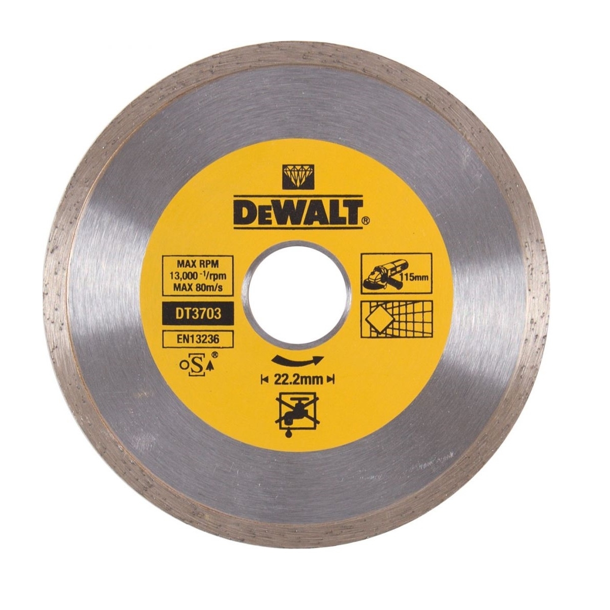 DT3703 Diamantový kotouč se spojitým obvodem ze slinutých karbidů 115x22,2 mm na suché řezání obkladů DeWALT DT3703