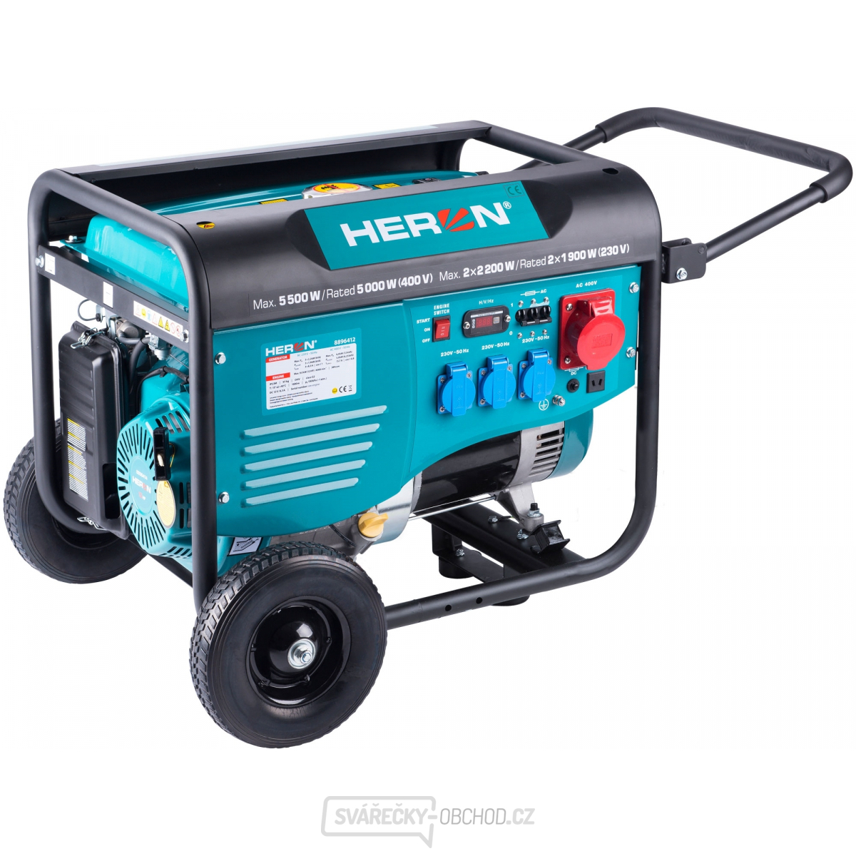 Elektrocentrála benzínová HERON 13HP/6,0kW (400V), 2x2,2kW (230V), podvozek