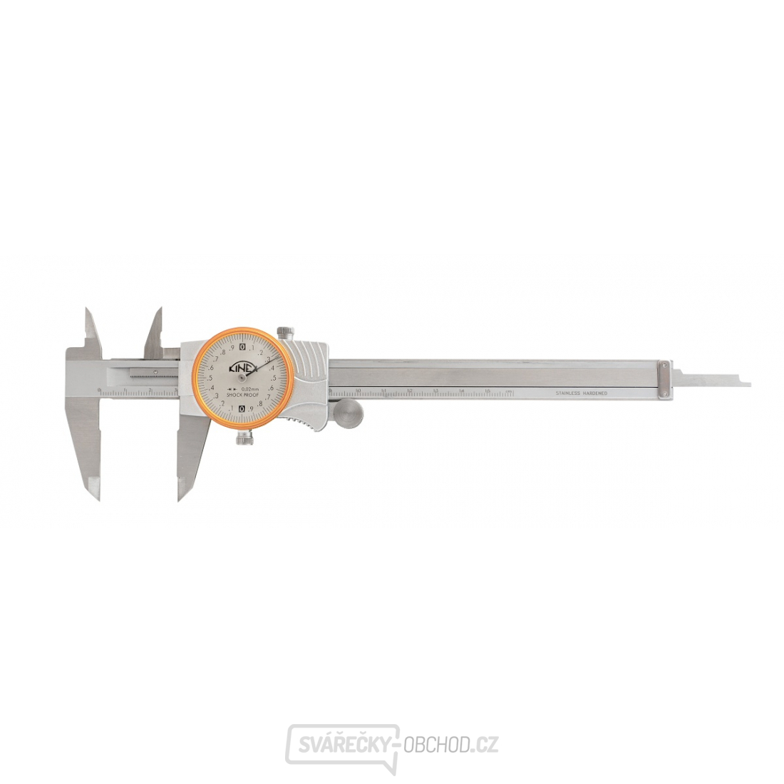 Posuvné měřítko s číselníkovým úchylkoměrem KINEX 200 mm, 0,02 mm, nárazuvzdorný, ČSN 25 1235, DIN 862