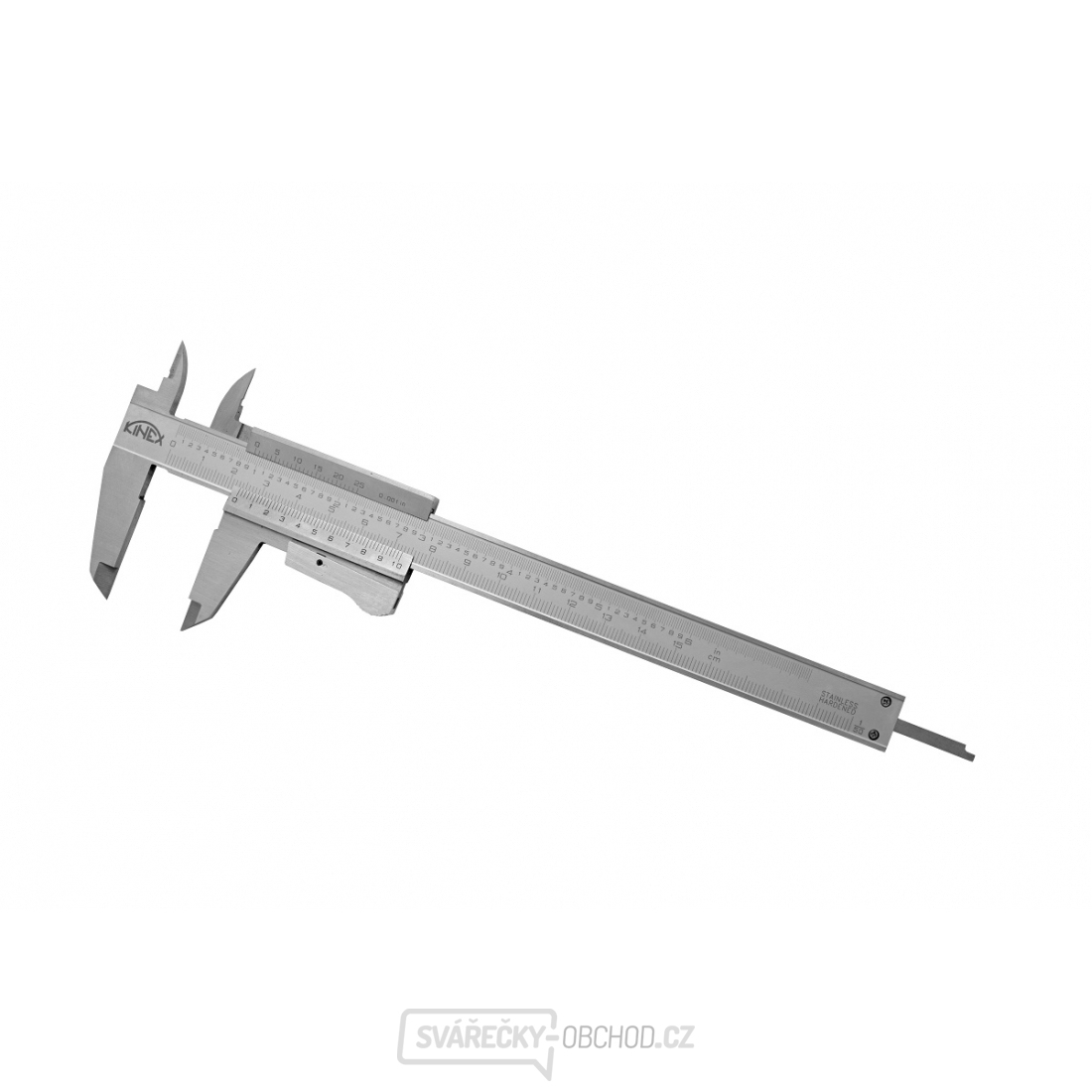 Posuvné měřítko KINEX 150 mm, 0,02 mm, aretace tlačítkem, mm+inch, monoblok, ČSN 25 1238, DIN 862