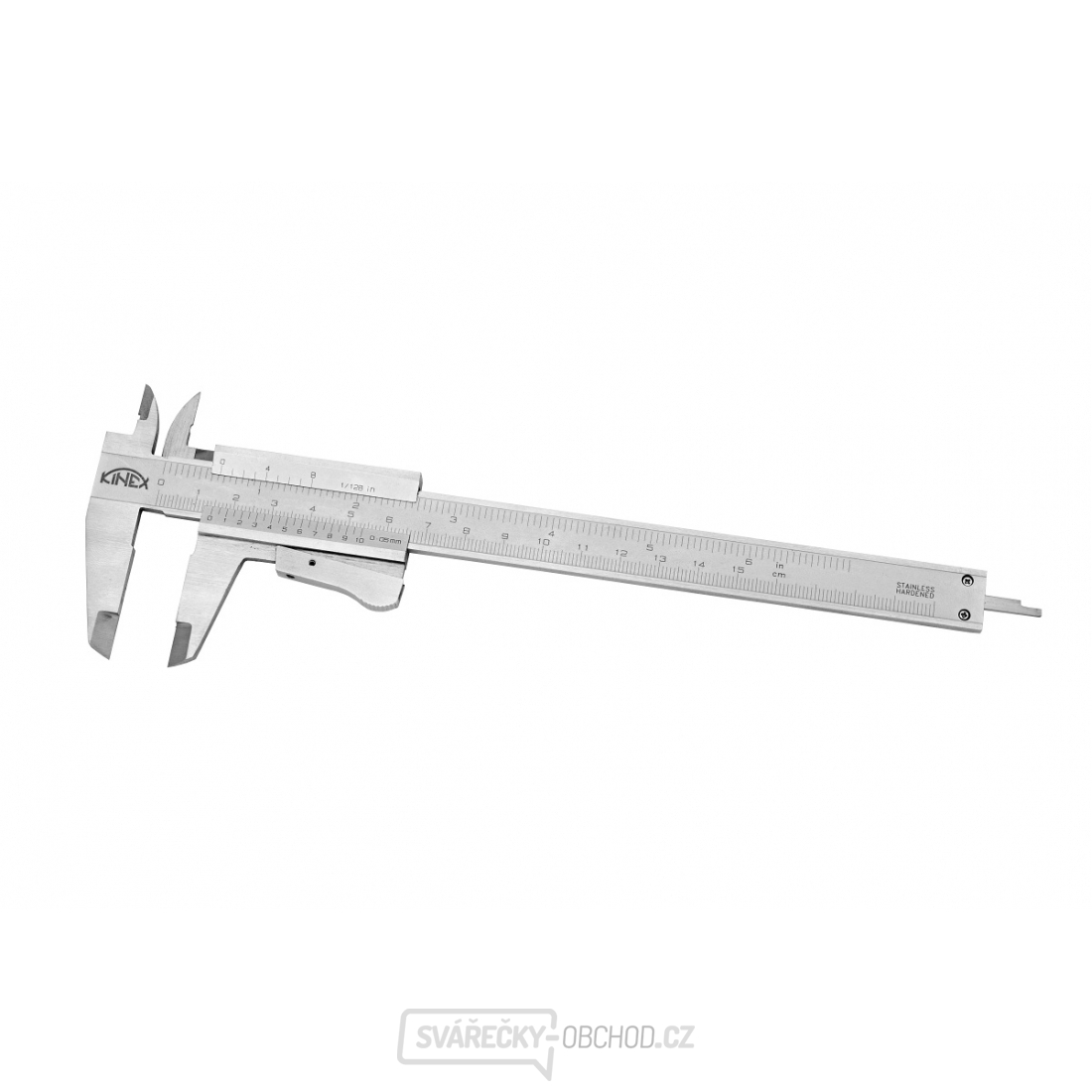 Posuvné měřítko KINEX 150 mm, 0,05 mm, aretace tlačítkem, mm+inch, monoblok, ČSN 25 1238, DIN 862