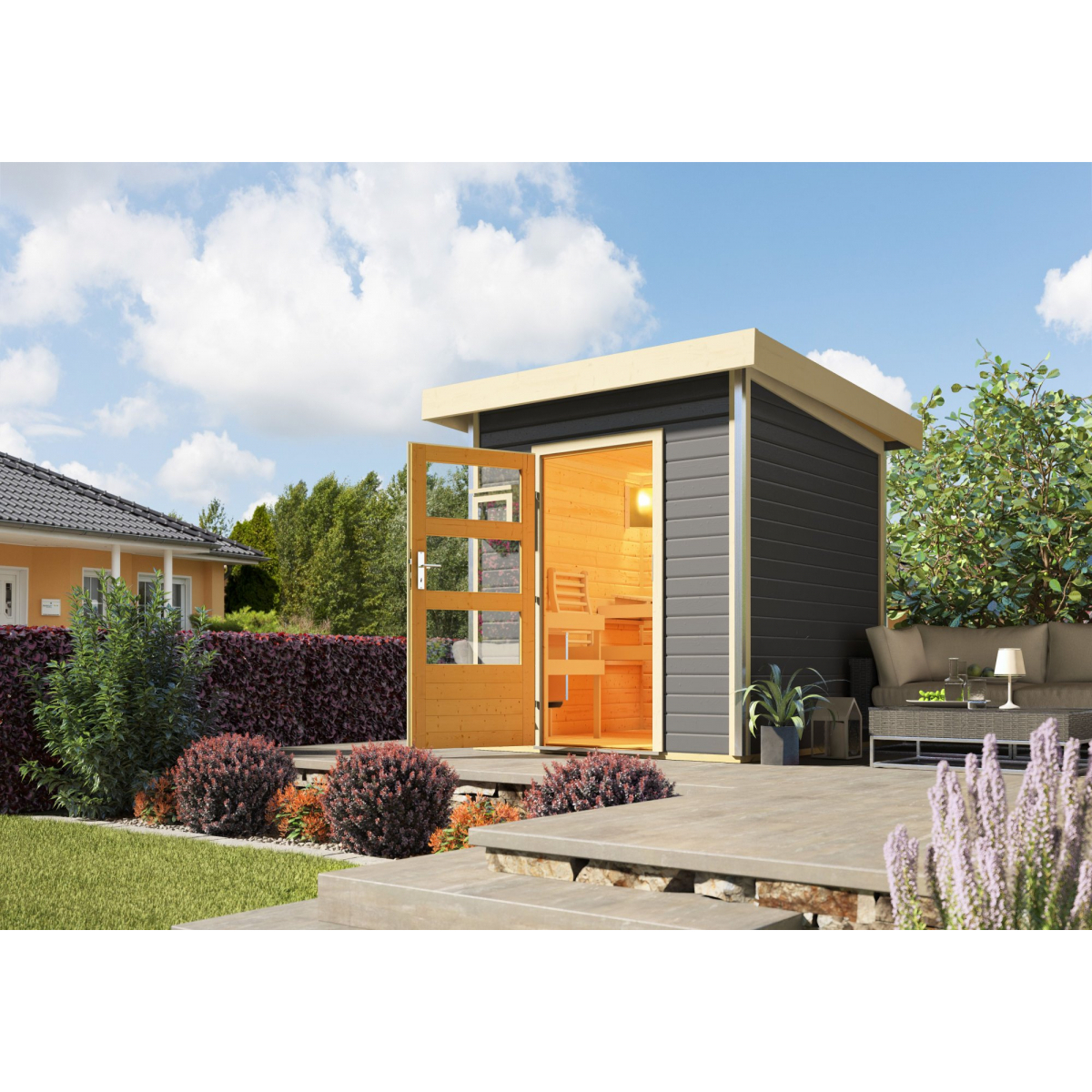 KARIBU HOLZTECHNIK Finská sauna KARIBU TORGE (86187) tm. šedá LG1926