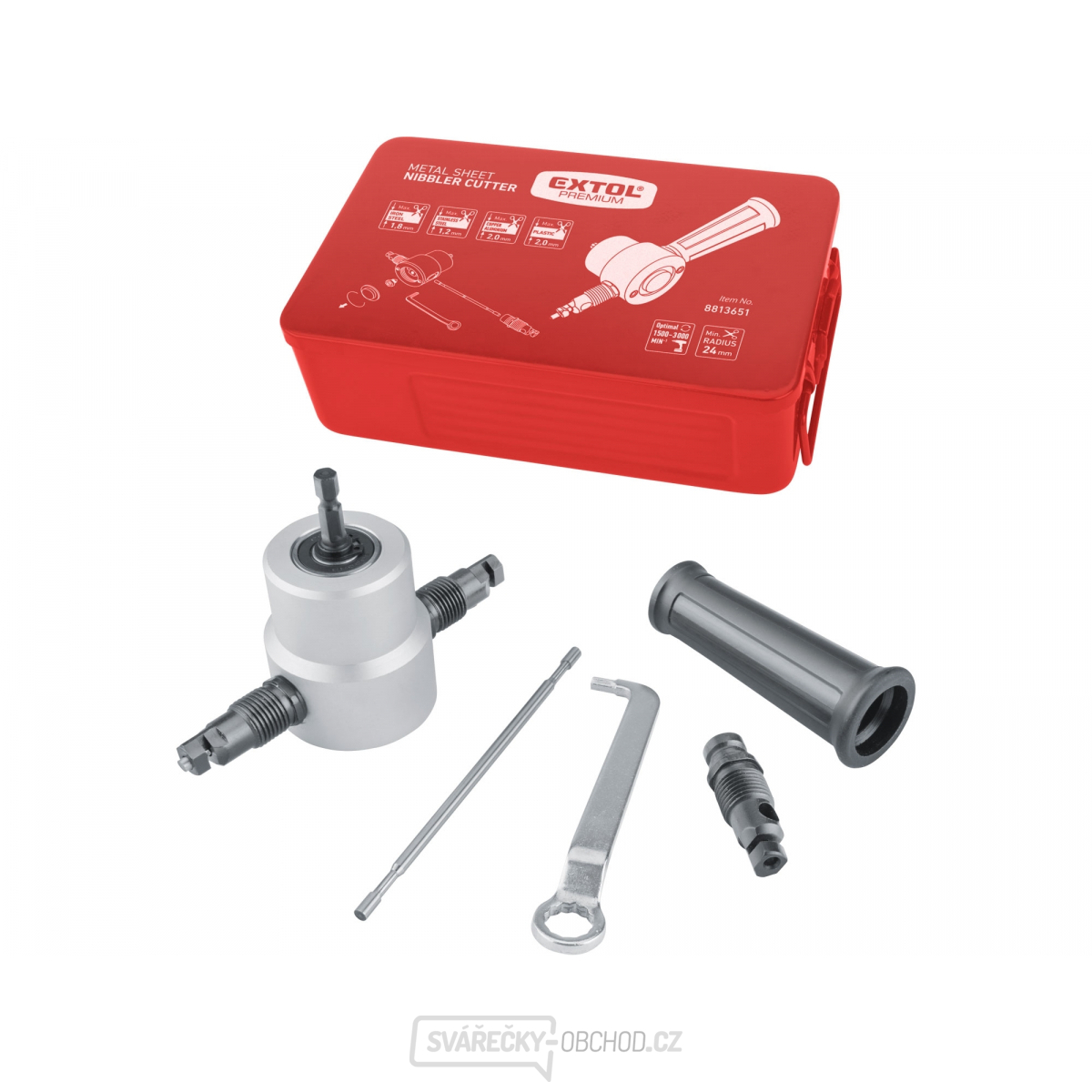 Nástavec na vrtačku k stříhání plechu, oboustranný