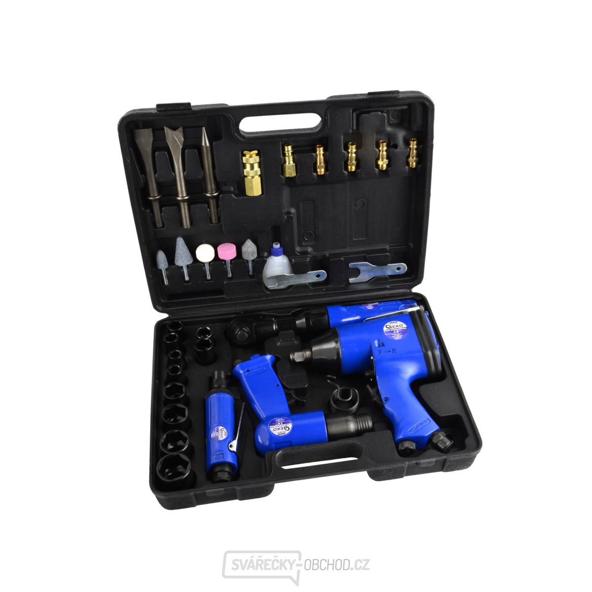 Sada pneumatických nástrojů - rázový utahovák, ráčnový utahovák, bruska a sekáč, 33 dílů