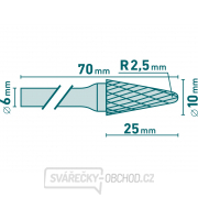 Fréza karbidová, konická zakulacená (R 2,5mm), pr.10x25mm/stopka 6mm,sek střední(double-cut) Náhled