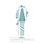 Fréza karbidová, konická zakulacená (R 2,5mm), pr.10x25mm/stopka 6mm,sek střední(double-cut) Náhled