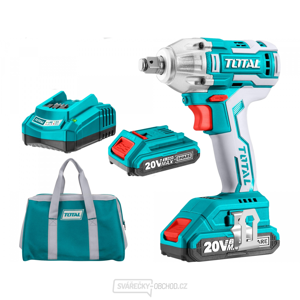 Aku rázový utahovák Total 1/2", brushless, 20V Li-ion (2x), 2000mAh, industrial