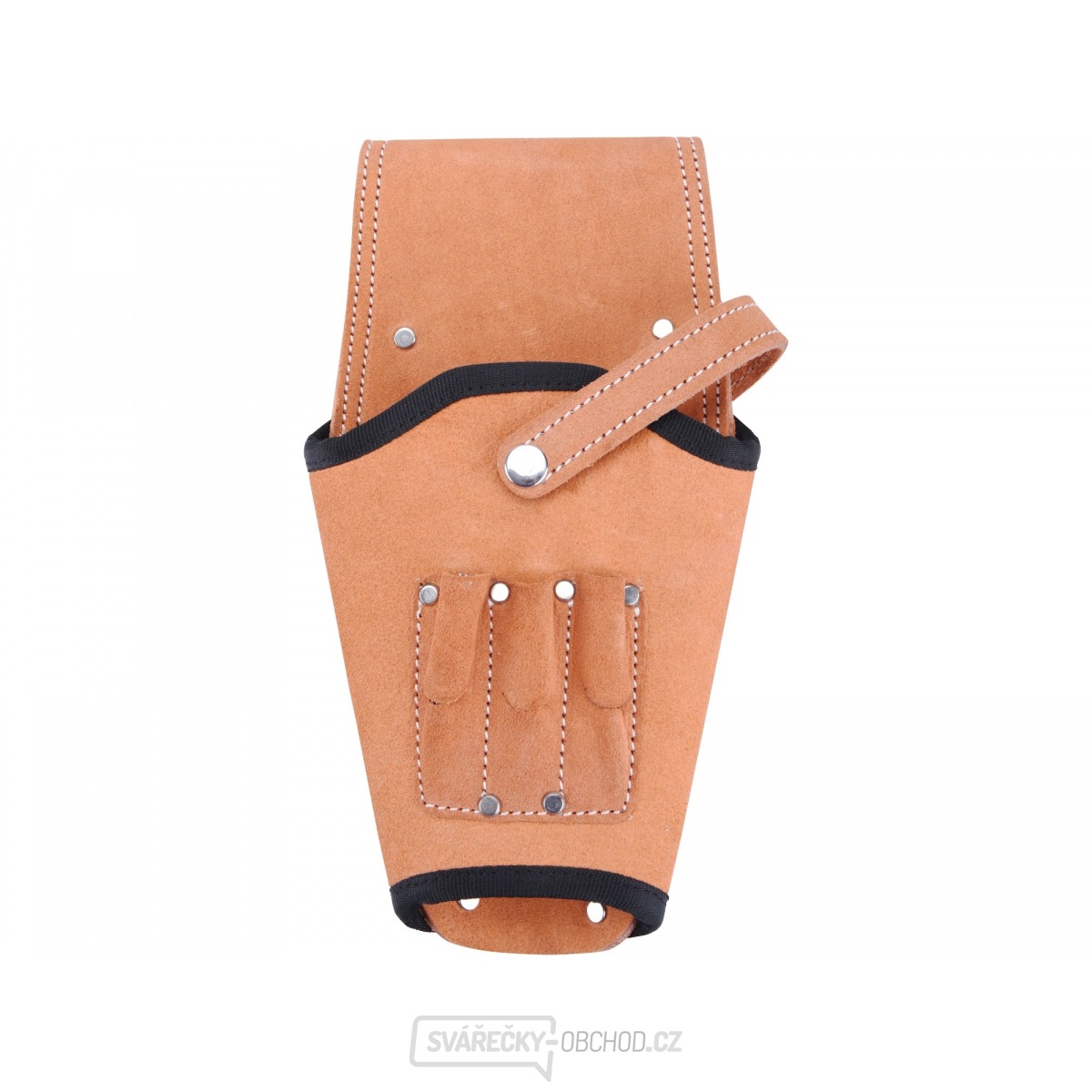 Pouzdro na aku vrtačku kožené, na opasek, s pojistným řemínkem a třemi úchyty pro hroty/šroubováky