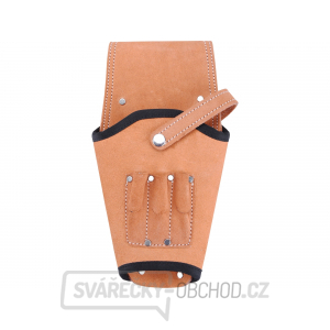 Pouzdro na aku vrtačku kožené, na opasek, s pojistným řemínkem a třemi úchyty pro hroty/šroubováky Pouzdro na aku vrtačku kožené, na opasek, s pojistným řemínkem a třemi úchyty pro hroty/šroubováky gallery main image