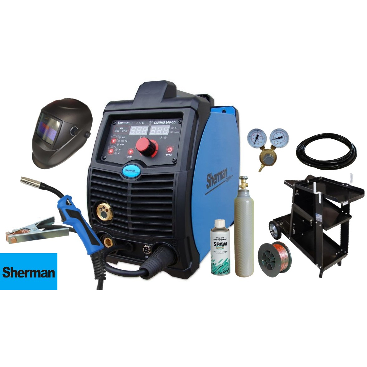 Sherman DIGIMIG 200 GD Synergy + Hořák + Zemnící kabel + Redukční ventil + Samostmívací kukla + Drát + Vozík +Plná lahev