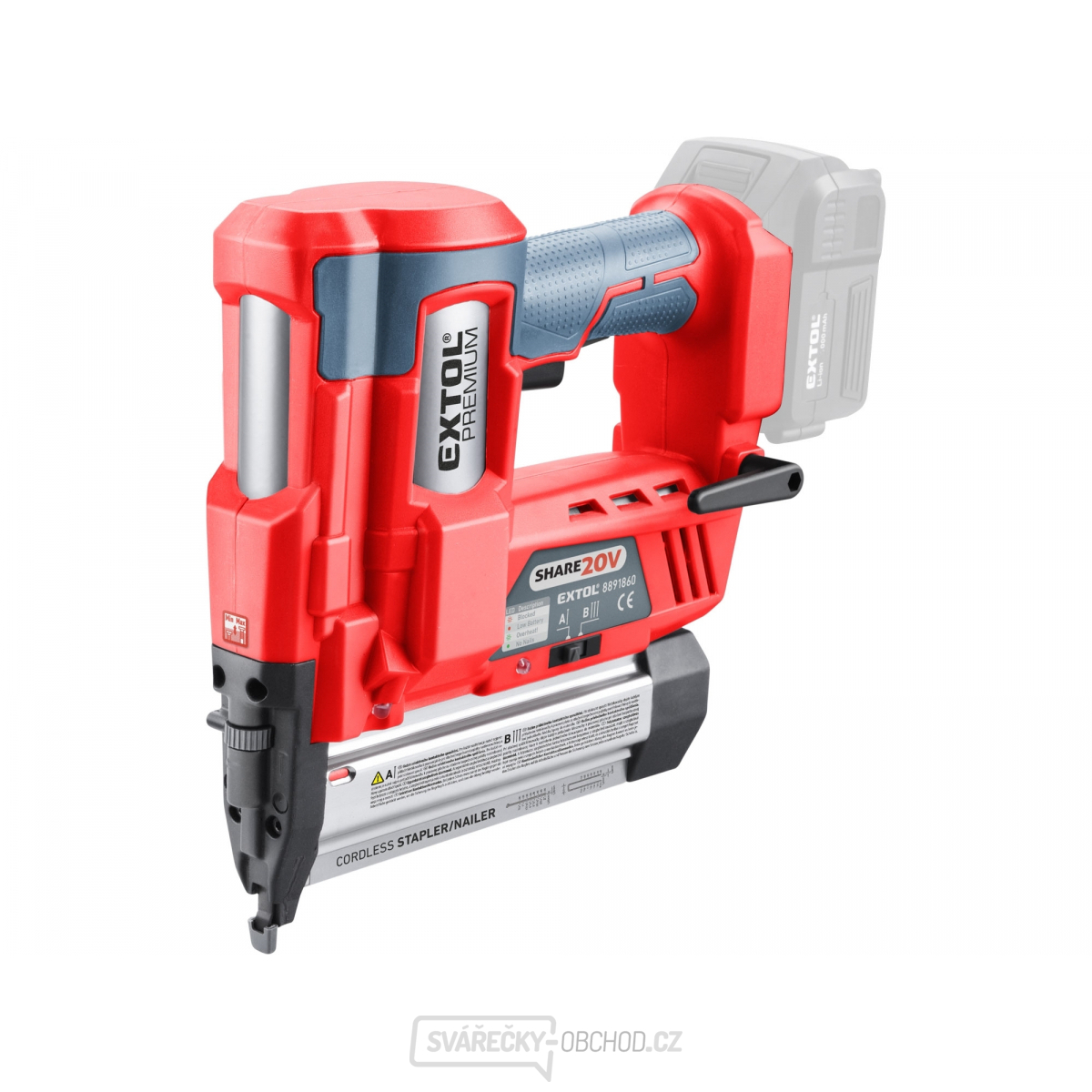 Aku hřebíkovačka/sponkovačka EXTOL PREMIUM SHARE20V, 20V Li-ion, bez baterie a nabíječky