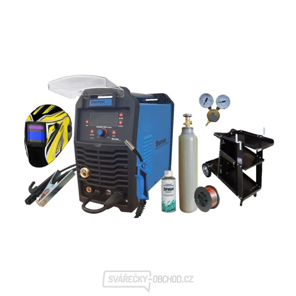 Sherman DIGIMIG 200 Synergic + Hořák + Kabely + Kukla + Vozík + Drát + Sprej + Redukční ventil + plná Tlaková lahev