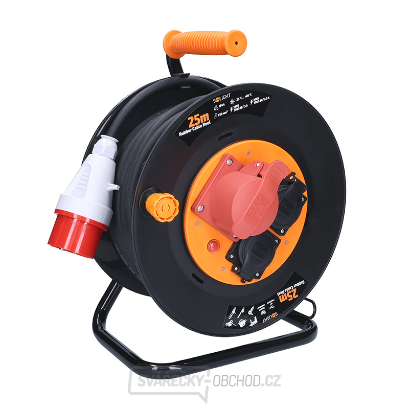 Solight prodlužovací přívod na bubnu, 3 zásuvky, 400V + 230V, 25m gumový kabel 3x1,5mm2, IP44