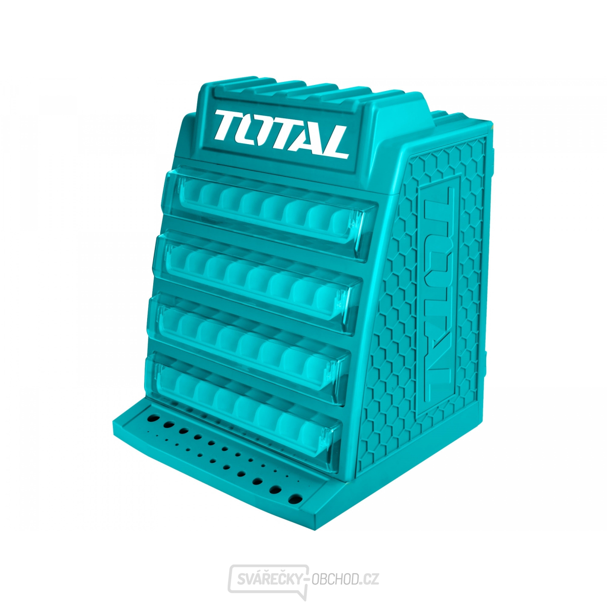 Skříňka na vrtáky, rozměry 340x320x430mm, 4 poschodí, 8 přihrádek na každém poschodí