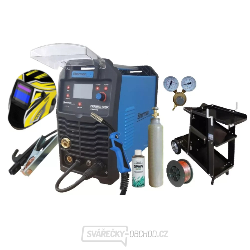 Sherman DIGIMIG 200X Synergic + hořák + kabely + Redukční ventil + Kukla + Sprej + Drát + Vozík + plná lahev CO2