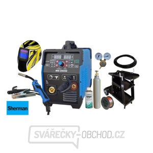 Sherman MIG 200 HD + Kabely + Hořák  + Drát + Sprej + Kukla + Vozík + Ventil + plná Lahev CO2 Sherman MIG 200 HD + Kabely + Hořák  + Drát + Sprej + Kukla + Vozík + Ventil + plná Lahev CO2 gallery main image