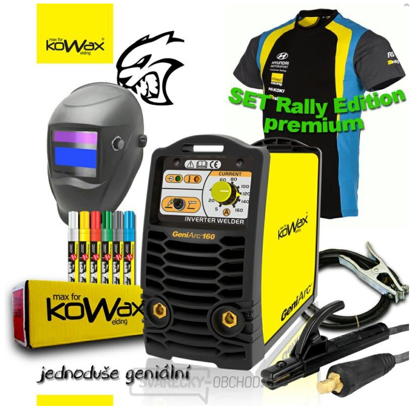 KOWAX® GeniArc®160 Svářecí invertor MMA/TIG RALLY EDITION SET III - 3 Kabely + Kukla + Elektrody 2.5mm/2.5kg + Tričko