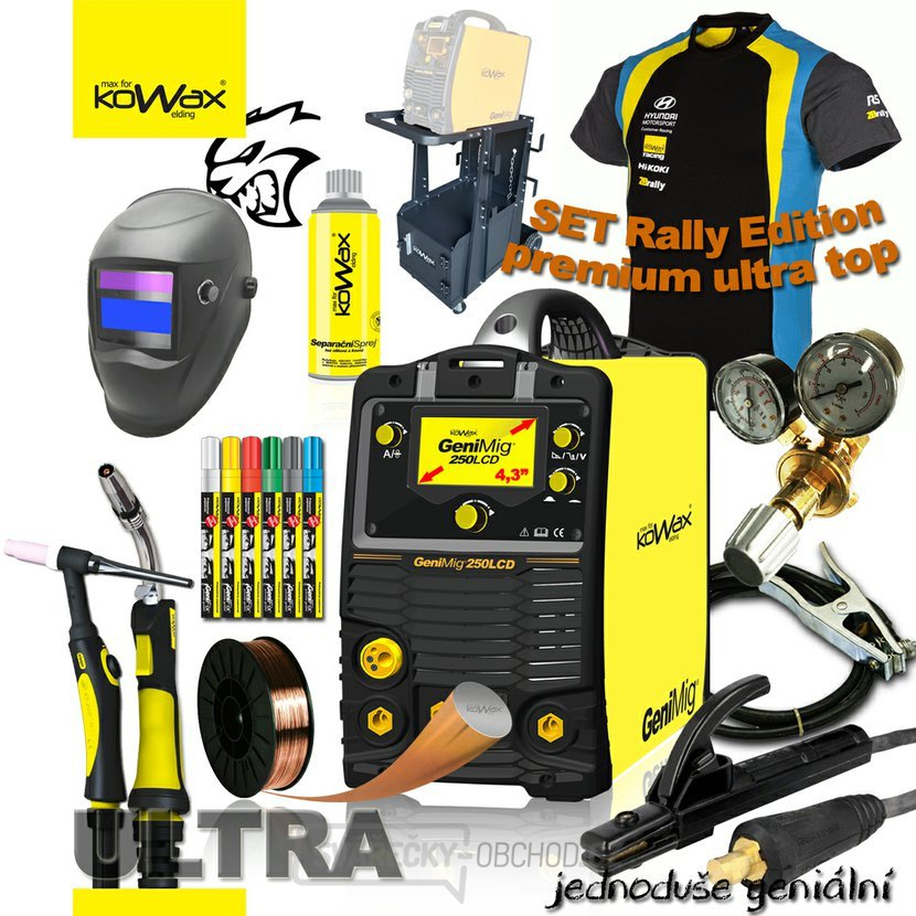 KOWAX GENIMIG 250LCD 4,3 SVAŘOVACÍ INVERTOR MIG/MAG/MMA/TIG+KABELY+2xHOŘÁK+VENTIL+KUKLA+SPREJ+SVAŘ. DRÁT+PODVOZEK+TRIČKO