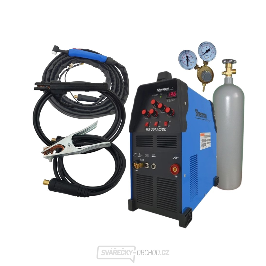 SHERMAN SVÁŘECÍ INVERTOR TIG 201 AC/DC + KABELY + HOŘÁK + SADA VYBAVENÍ + VENTIL + plná LAHEV ARGON  SHERMAN SVÁŘECÍ INVERTOR TIG 201 AC/DC + KABELY + HOŘÁK + SADA VYBAVENÍ + VENTIL + plná LAHEV ARGON  gallery main image