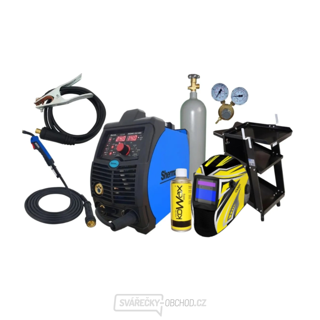 SHERMAN INVERTOROVÁ SVÁŘEČKA DIGIMIG 225GDS + HOŘÁK 3M+ KABELY + KUKLA + VENTIL + DRÁT + SPREJ + VOZÍK+ plná LAHEV CO2