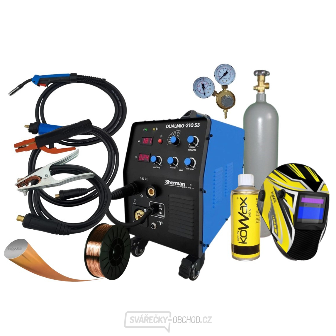 SHERMAN POLOAUTOMATICKÁ SVÁŘEČKA DUALMIG 210 S3 + HOŘÁK + KABELY + KUKLA + VENTIL + DRÁT + SPREJ + plná LAHEV CO2