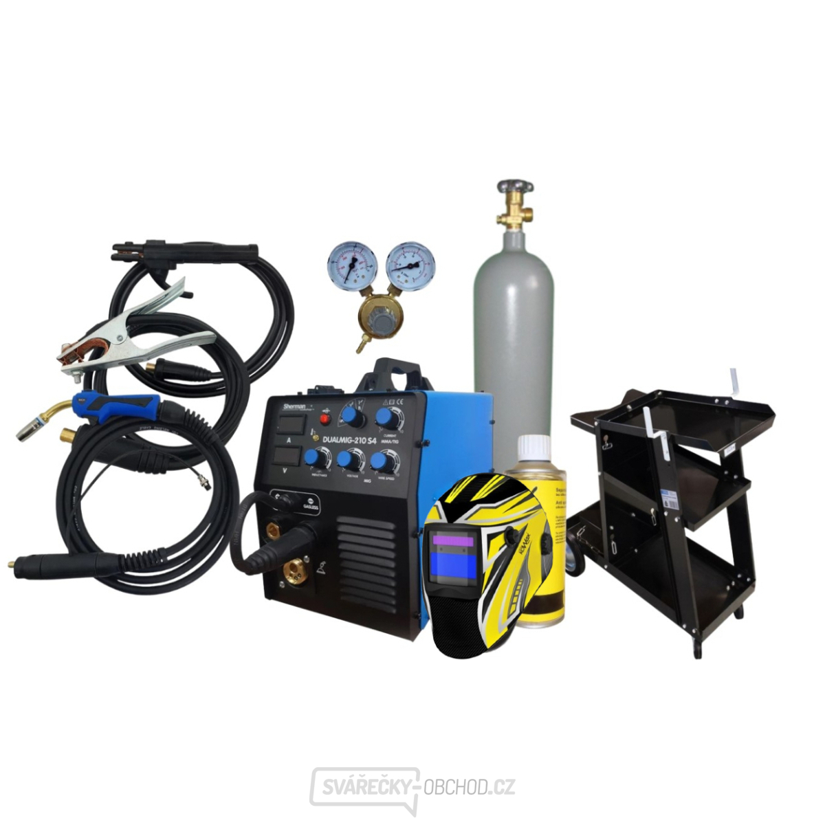 Sherman DualMIG 210 S4 + Hořák + kabely + kukla + ventil + drát + sprej + vozík + plná lahev CO2
