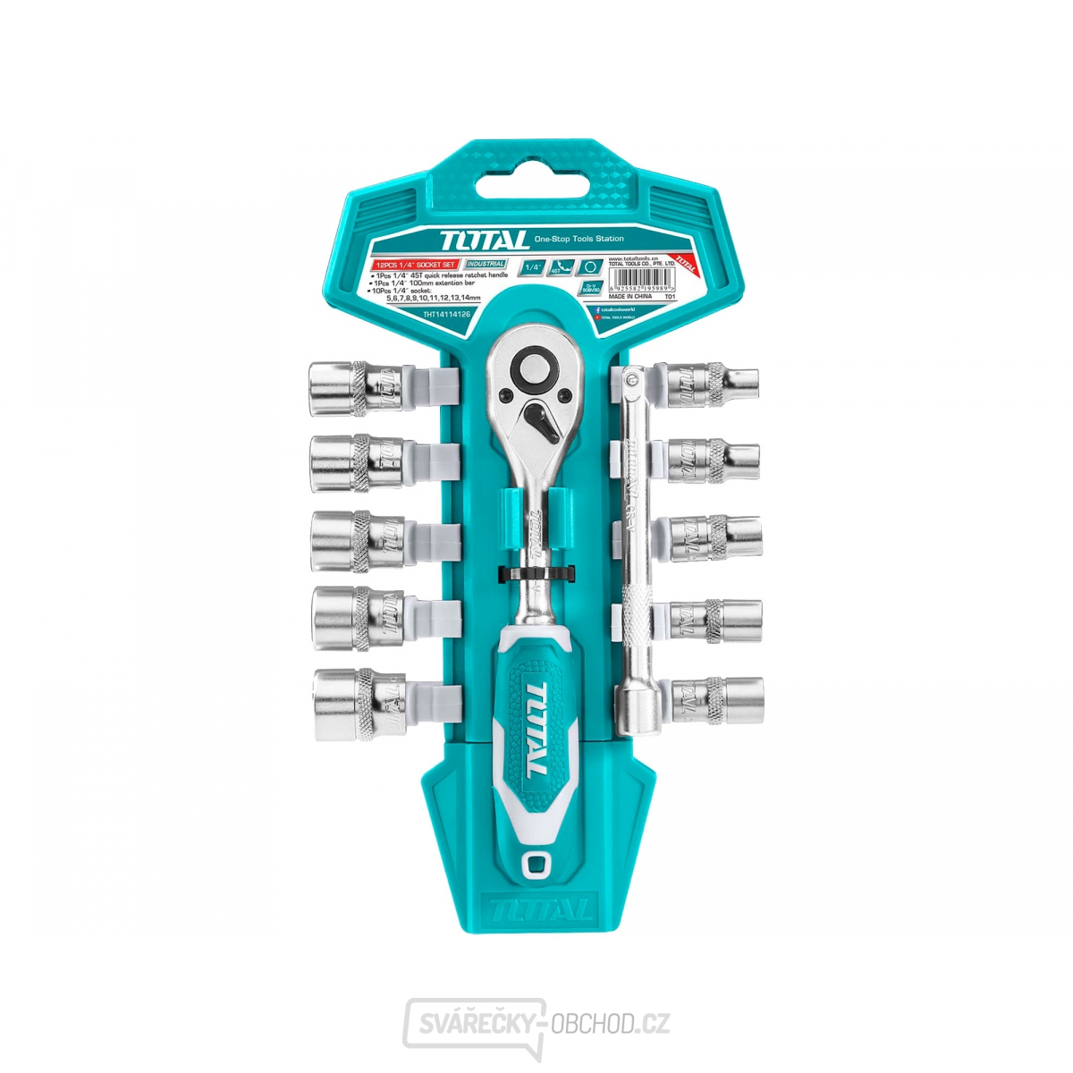 Hlavice nástrčné 1/4", sada 12ks, industrial, 10ks hlavic 5,6,7,8,9,10,11,12,13,14mm, 1ks nádstavce 100mm, 1ks ráčna 45 