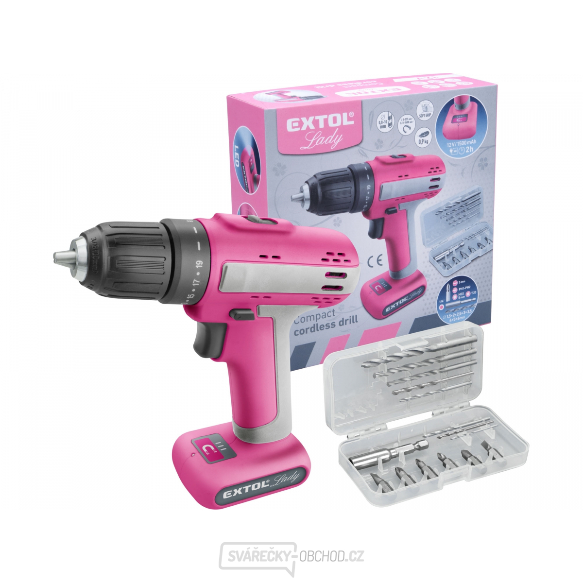 Aku vrtací šroubovák růžový EXTOL 12V Li-ion, 1500mAh
