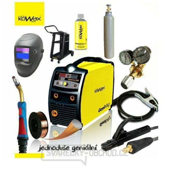 KOWAX GeniMig 220 + hořák 4m, kabely 3m, ventil, kukla, svařovací drát, sprej, PODVOZEK, plná Láhev CO2 