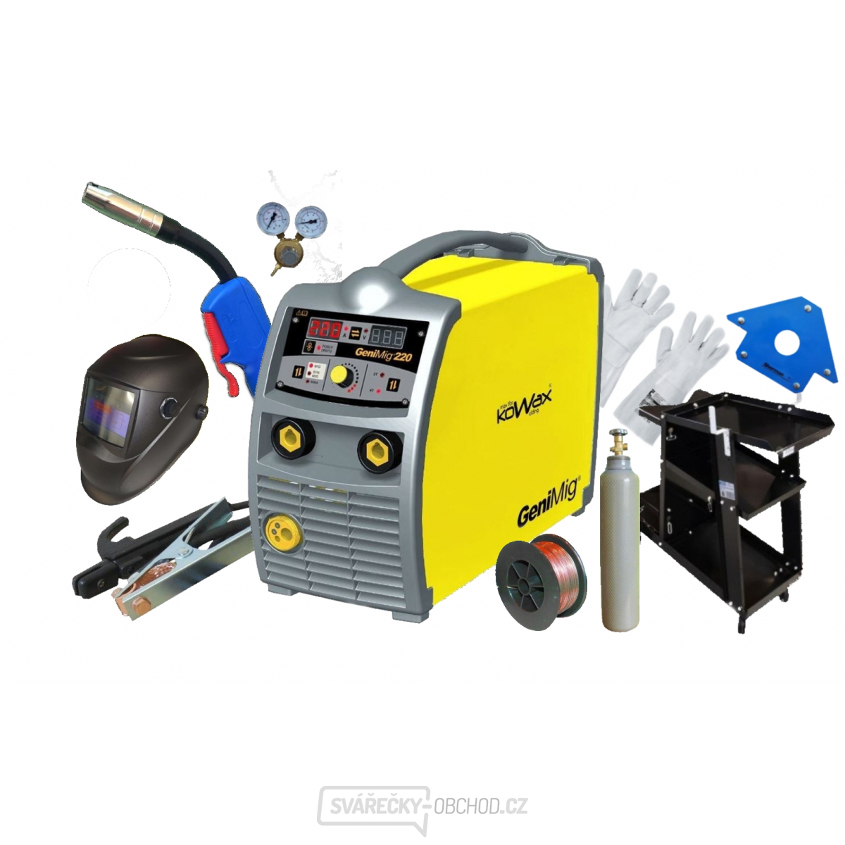 KOWAX GeniMig 220 MIG/MAG,MMA + Hořák + Kabely + Ventil + Kukla + Vozík + Drát + Magnet + Rukavice + plná lahev CO2
