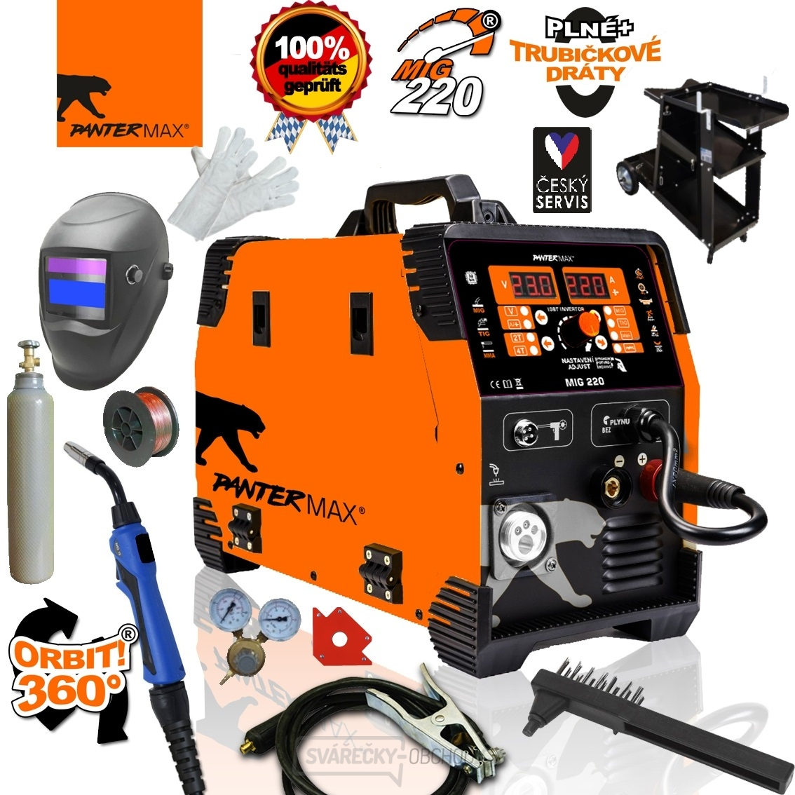 PanterMax MIG220 - MIG/TIG/MMA + Hořák + Kabely + Ventil + Kukla + Vozík + Drát + Magnet + Rukavice + Plná lahev CO2 
