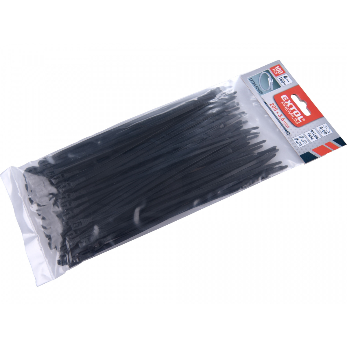 EXTOL PREMIUM Pásky stahovací na kabely EXTRA, černé, 200x3,6mm, 100ks, nylon PA66