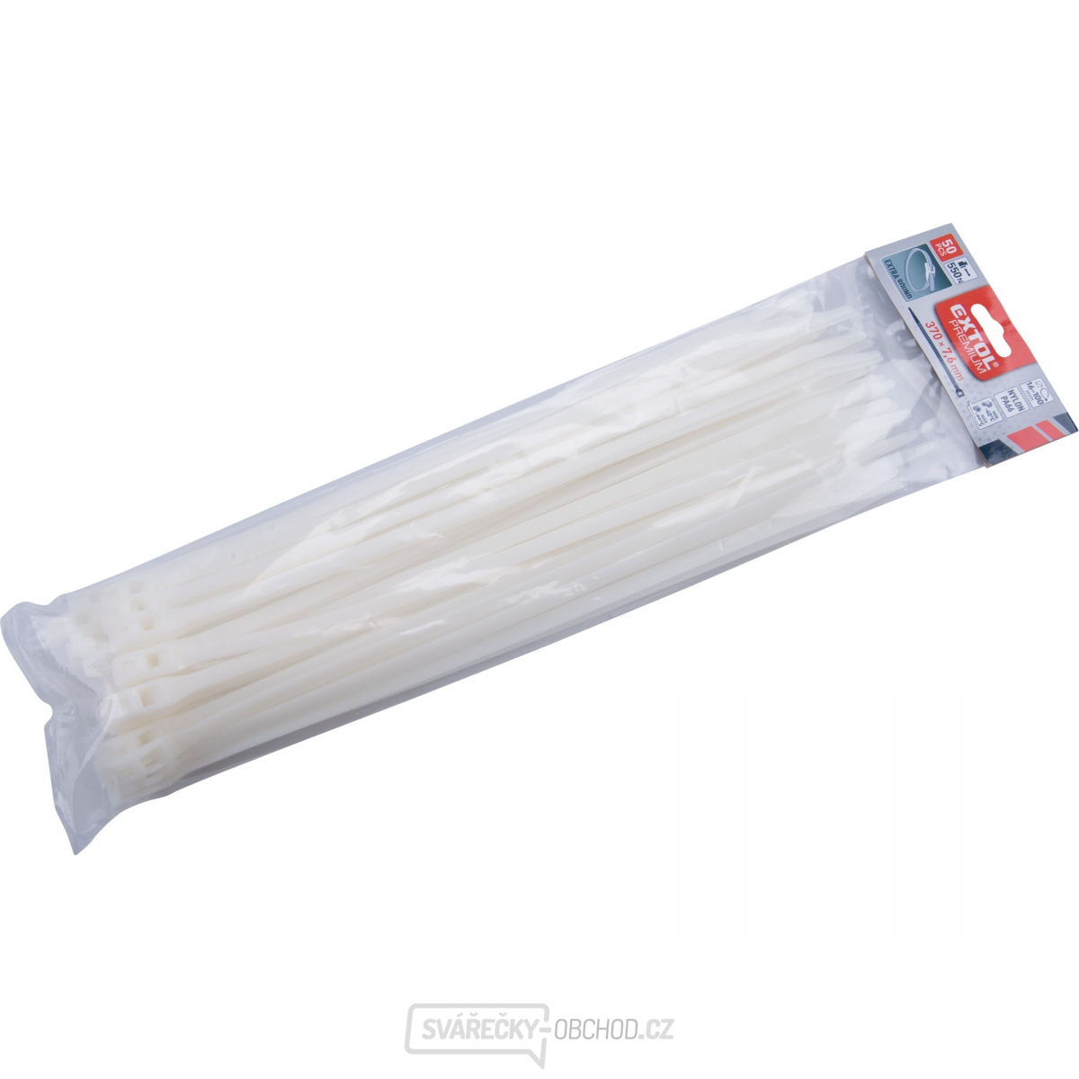 Pásky stahovací na kabely EXTRA, bílé, 370x7,6mm, 50ks, nylon PA66 Pásky stahovací na kabely EXTRA, bílé, 370x7,6mm, 50ks, nylon PA66 gallery main image