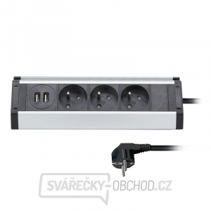 Solight prodlužovací přívod, 3 zásuvky + 2X USB, 1,5m, 3 x 1mm2, hliník, rohový design gallery main image