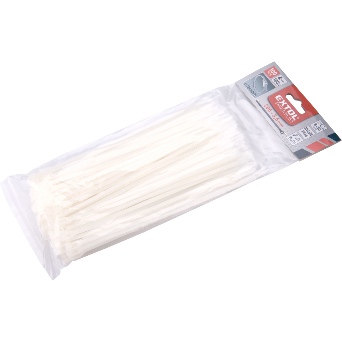 Levně Pásky stahovací na kabely EXTRA, bílé, 205x3,6mm, 100ks, nylon PA66 8856222