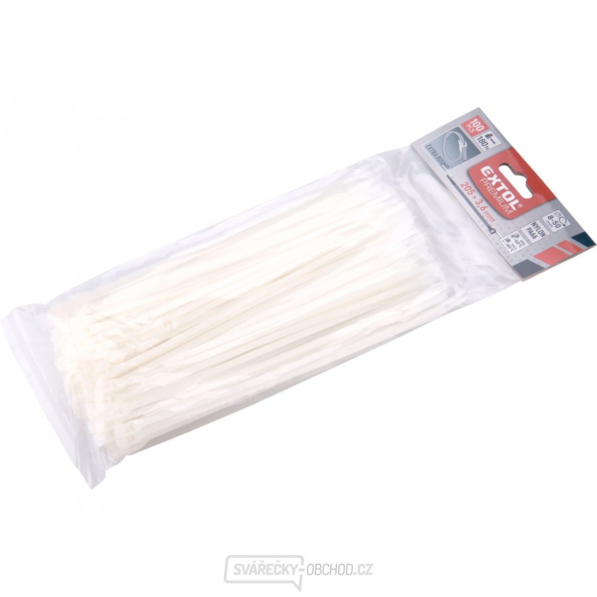 Pásky stahovací na kabely EXTRA, bílé, 205x3,6mm, 100ks, nylon PA66