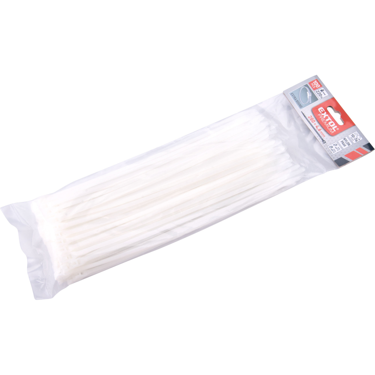 Levně Pásky stahovací na kabely EXTRA, bílé, 280x4,6mm, 100ks, nylon PA66 8856224